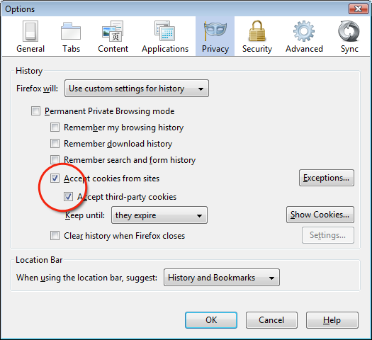 Turn on cookies (Firefox)