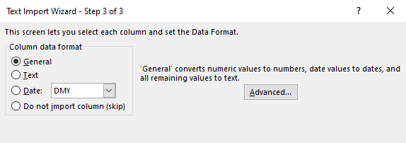 Import data to Excel (column data format)