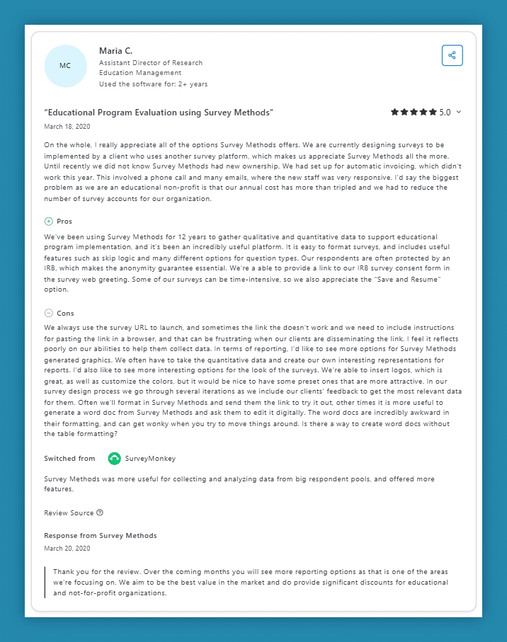 SurveyMethods user review from Capterra.