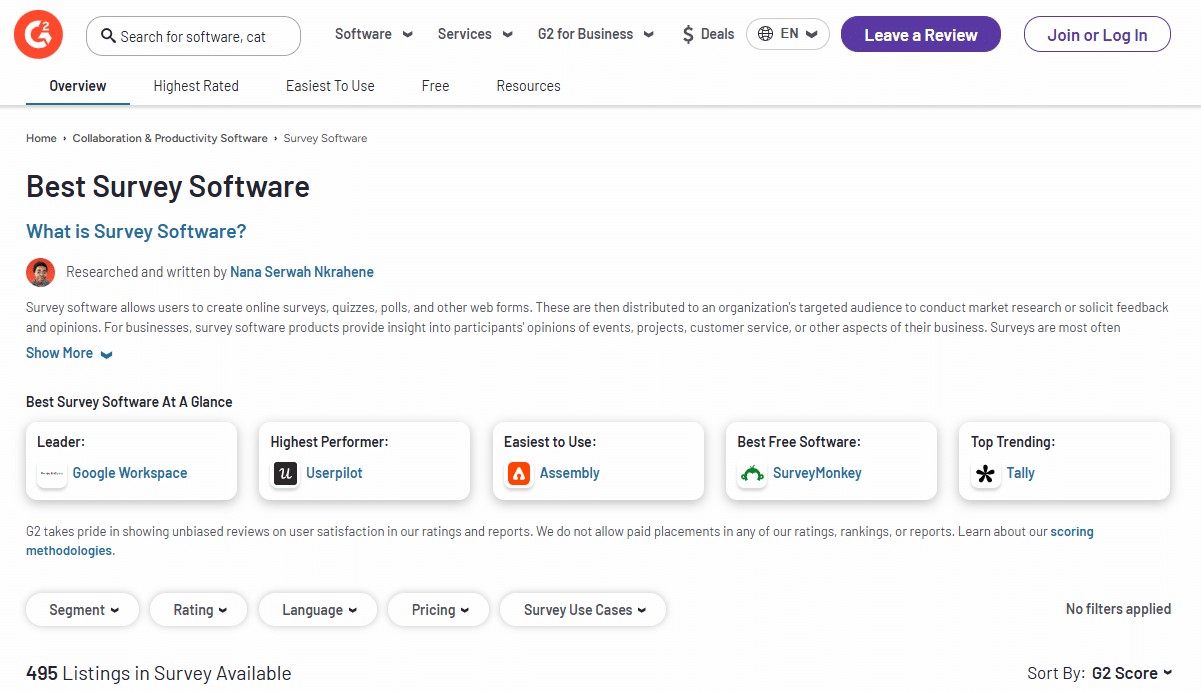 Survey analysis software category on G2.